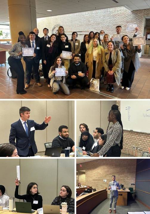 A collage of the students of the model Arab league posing for photo, conducting conversations, and having debate